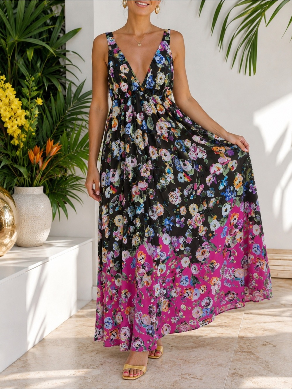 Oscar de la Renta Pink Label Floral Maxi Dress XS | Black & Fuchsia Gown